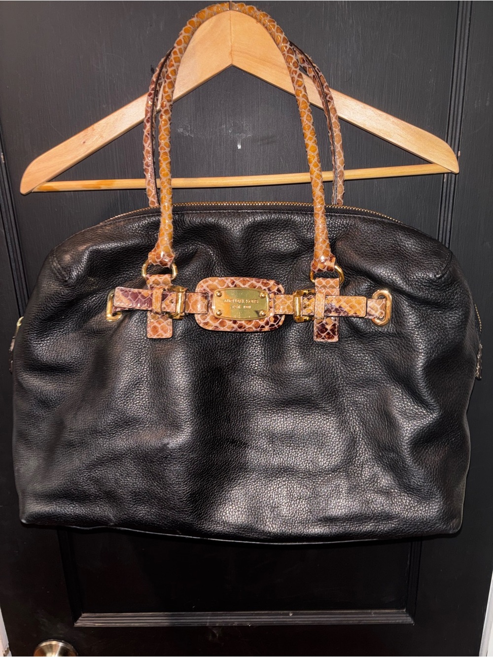 Michael Kors Black Leather Python Snakeskin Trim Satchel Tote Bag MK